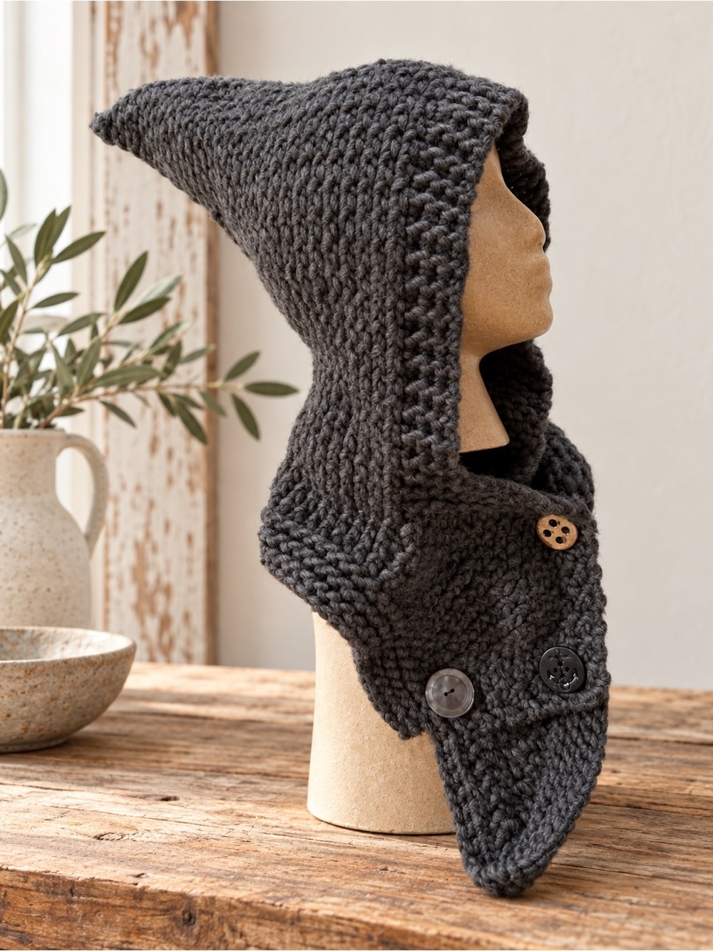 Hand Knit Gray Pixie Hood Scarf Cottagecore